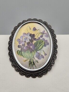 Vintage Thomas L. Mott TLM Violet Brooch Hand Painted Floral Pin Made in England